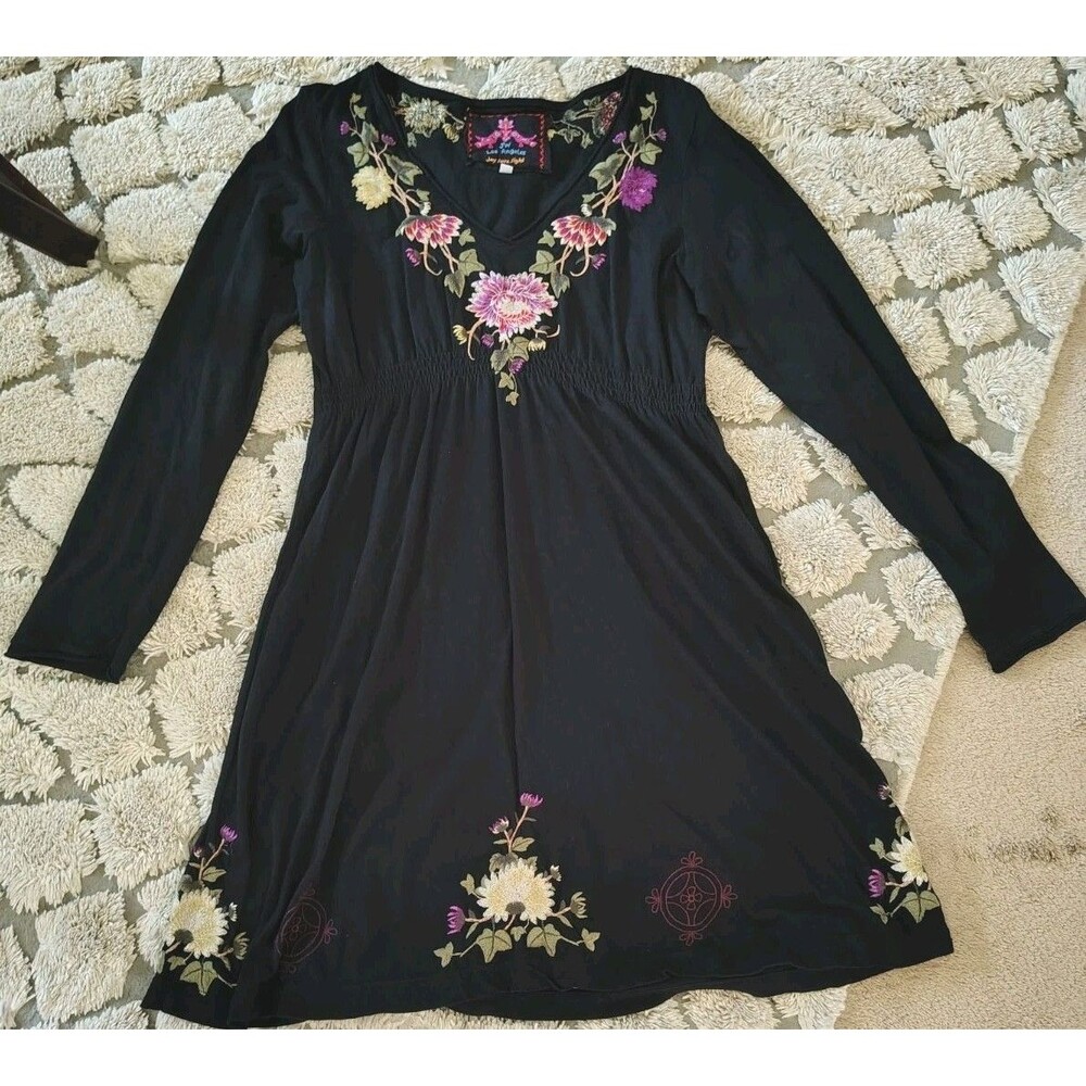 Johnny Was Los Angeles Dress Size L Black Joy Love Light V Neck Cotton - Picture 3 of 9